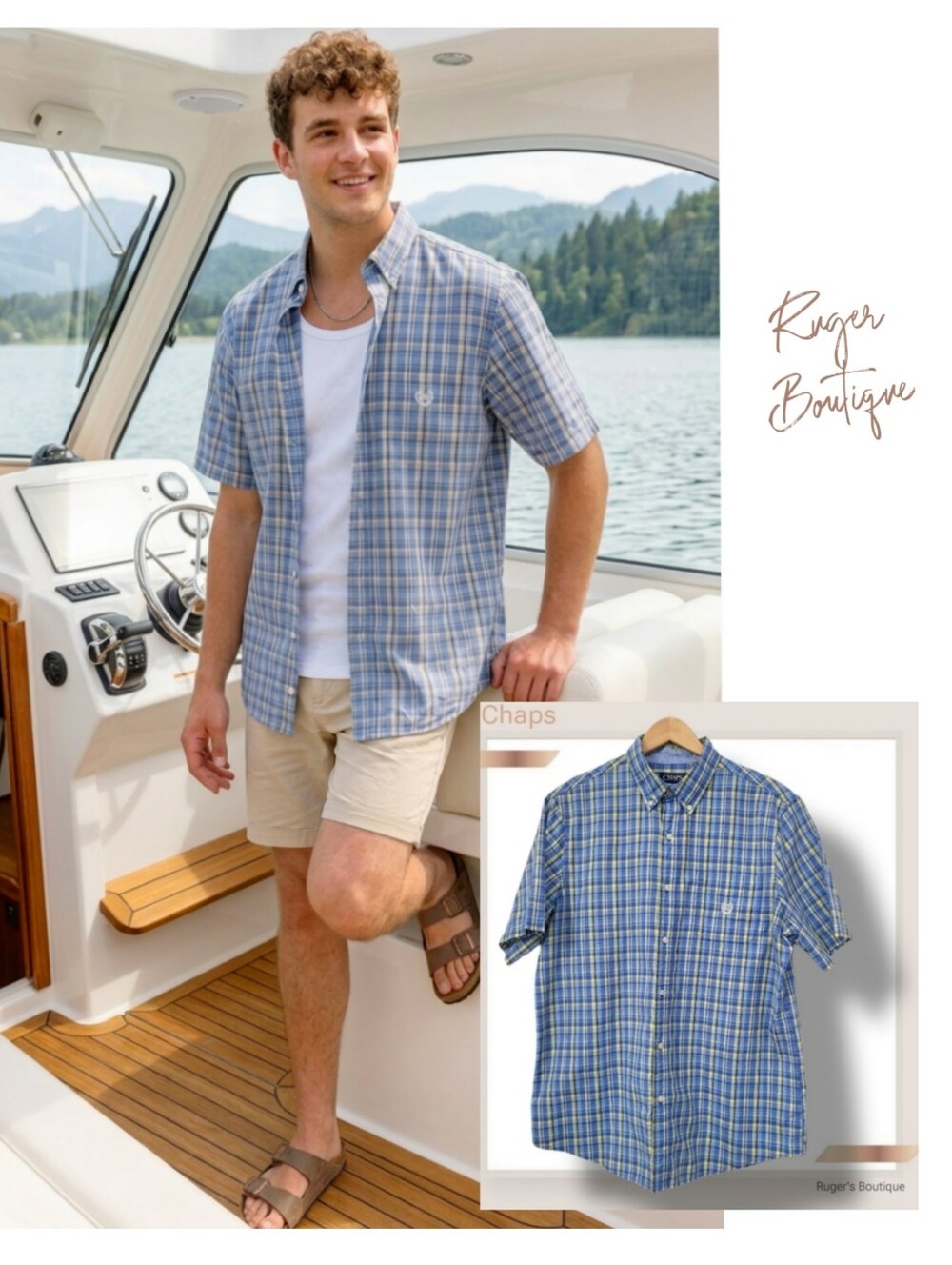 🌿Chaps EasyCare Men's Large Blue Yellow Check Button Down Shirt Shortsleeve